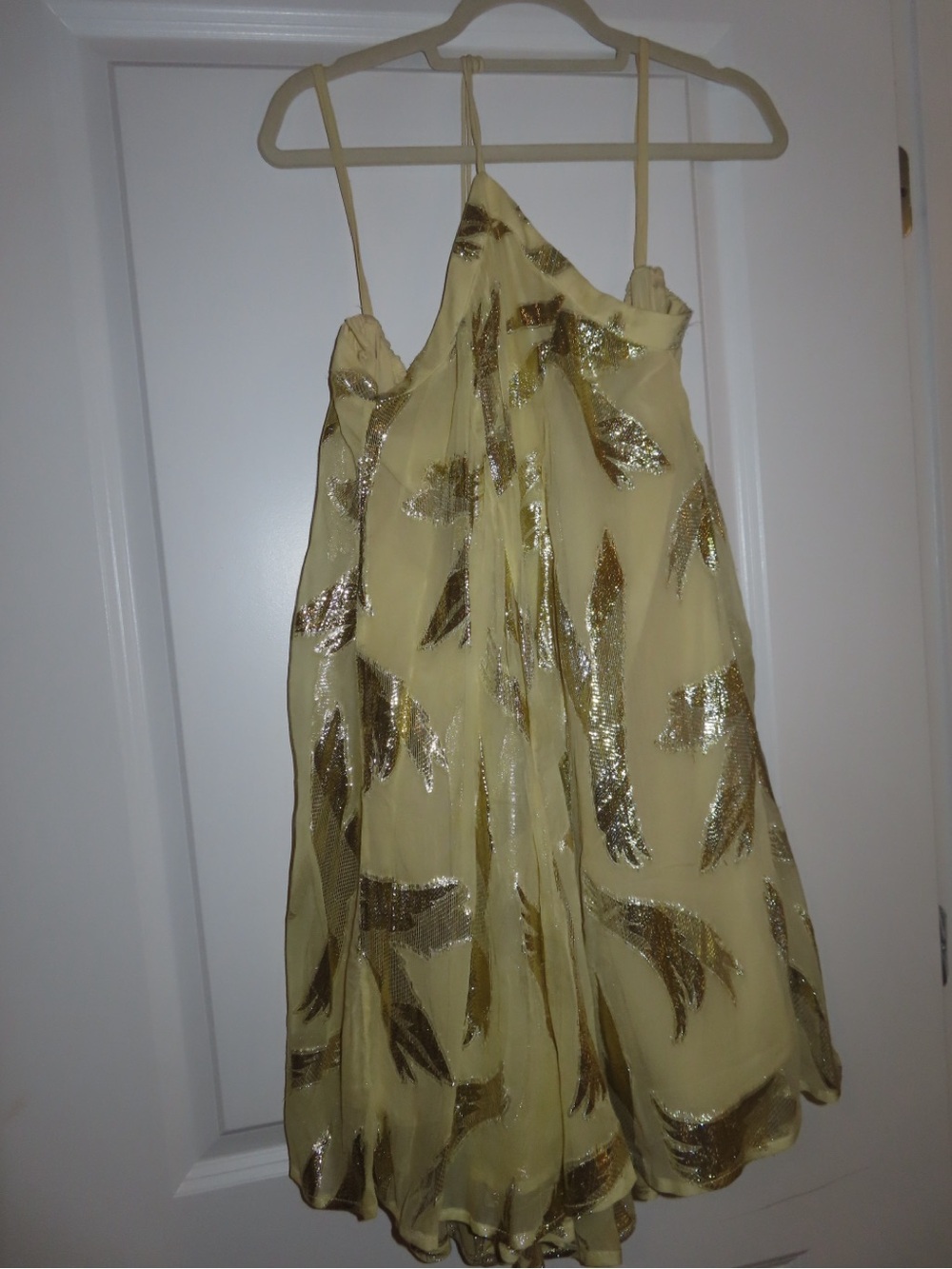 Anthropologie Pale Yellow Dress with Gold Metallic Feather Detail